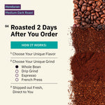Ad for Honduran Medium Dark Roast coffee featuring the national flag, alongside a white coffee cup and dark roasted beans sitting on burlap over a wooden table. [all]