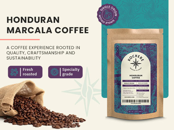 A bag of Kocheré Honduran Marcala Coffee stands next to a pile of whole coffee beans spilling from a burlap sack, with informational text and icons describing the coffee's qualities.