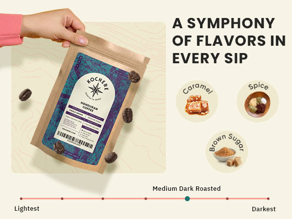 A hand holds a bag of Nocheré Honduran coffee beside tasting notes for caramel, spice, brown sugar, and a roast level indicator showing medium dark roasted.