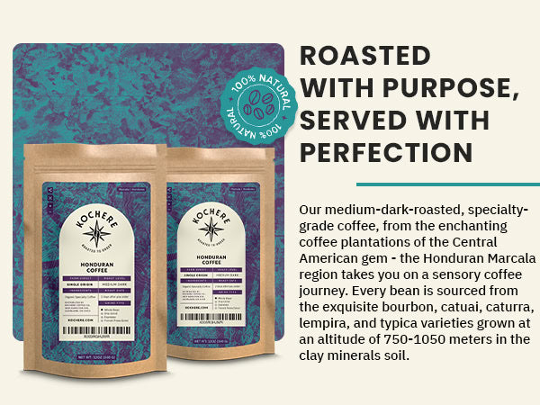 Coffee bags labeled "Honduran Coffee" sit next to text describing specialty-grade, medium-dark roasted coffee sourced from Central America, with a 100% natural seal above.