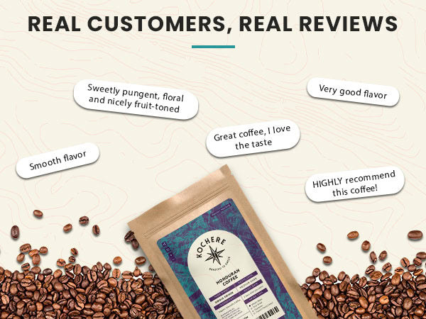 A coffee bag on a surface with scattered coffee beans, surrounded by customer review quotes praising the flavor and recommending the coffee.