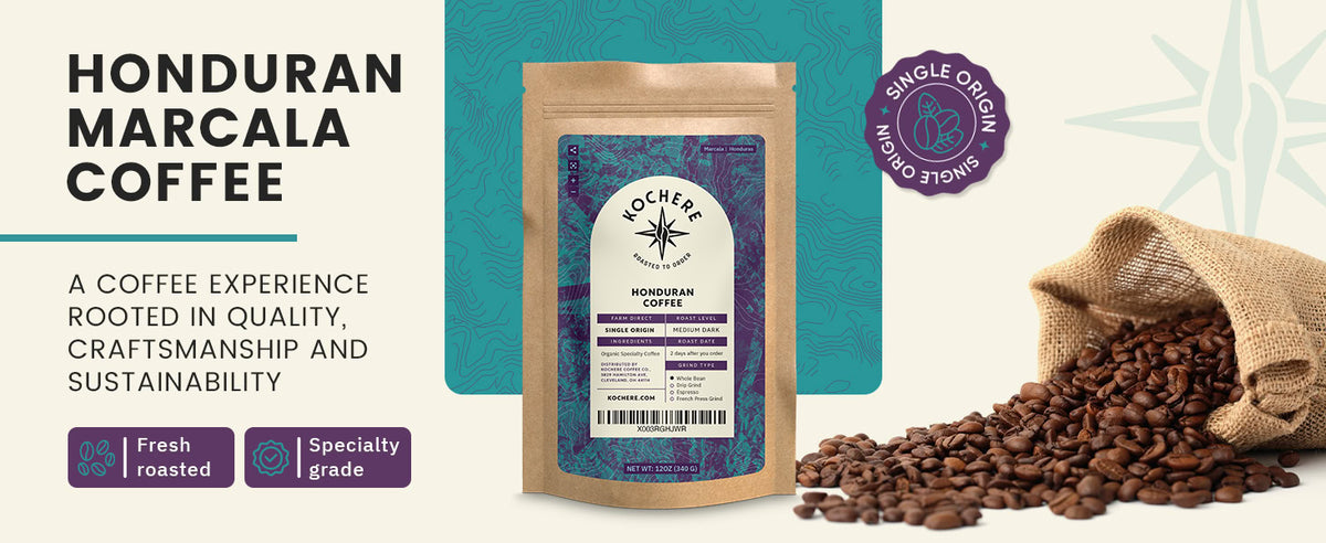 A bag of Kocheré Honduran Marcala Coffee stands next to a pile of whole coffee beans spilling from a burlap sack, with informational text and icons describing the coffee's qualities.