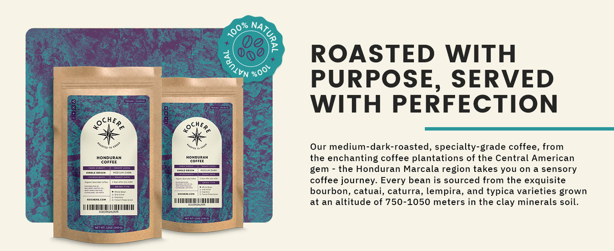 Coffee bags labeled "Honduran Coffee" sit next to text describing specialty-grade, medium-dark roasted coffee sourced from Central America, with a 100% natural seal above.