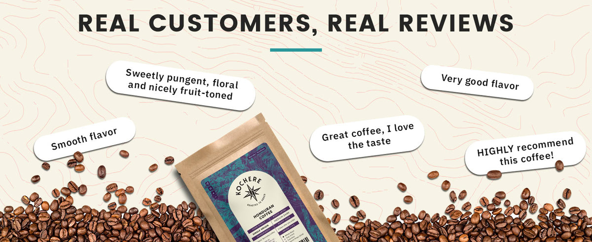 A coffee bag on a surface with scattered coffee beans, surrounded by customer review quotes praising the flavor and recommending the coffee.