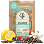 Kochere Horn of Africa Reserve medium-dark roast coffee, displayed with fresh lemons, berries, and white blossoms to represent its flavor profile. [12 oz][whole bean]