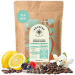 Kochere Horn of Africa Reserve medium-dark roast coffee, displayed with fresh lemons, berries, and white blossoms to represent its flavor profile. [1LB][whole bean]