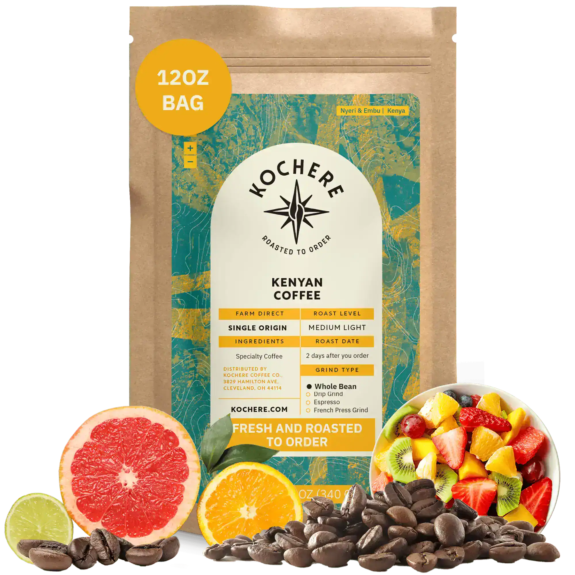 A 12 oz bag of Kochere Coffee Company’s Kenyan Nyeri Embu AB Medium-Light Roast is shown with coffee beans, grapefruit, lime, and mixed fruit, highlighting its fruity, balanced flavor and bright cup.[12 oz][Whole Bean]