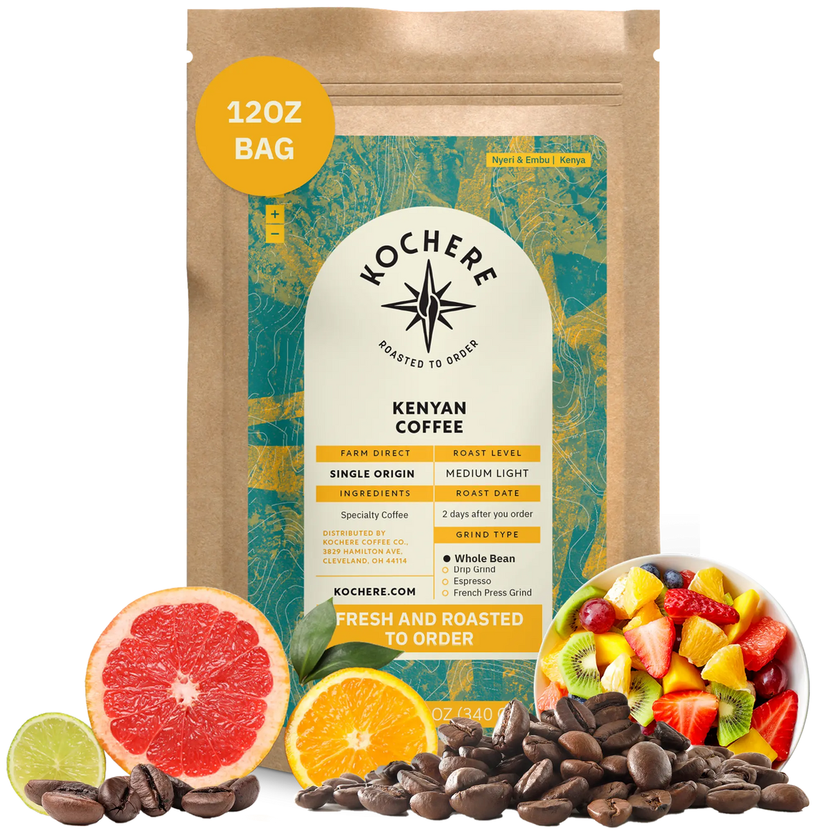 A 12 oz bag of Kochere Coffee Company’s Kenyan Nyeri Embu AB Medium-Light Roast is shown with coffee beans, grapefruit, lime, and mixed fruit, highlighting its fruity, balanced flavor and bright cup.