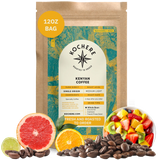 A 12 oz bag of Kochere Coffee Company’s Kenyan Nyeri Embu AB Medium-Light Roast is shown with coffee beans, grapefruit, lime, and mixed fruit, highlighting its fruity, balanced flavor and bright cup.