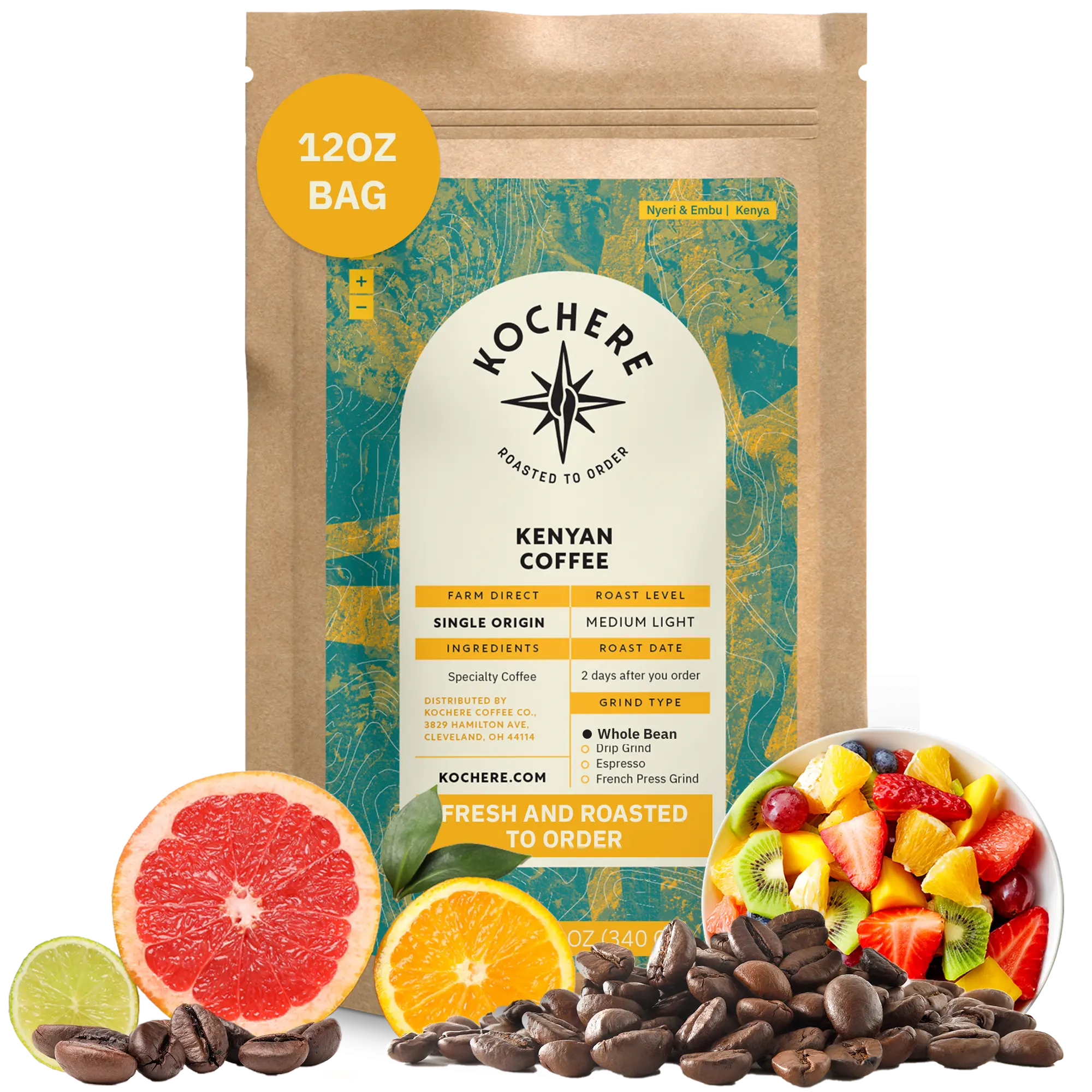 Bag of Kochere Single Origin Kenyan medium-light roast coffee, displayed with fresh grapefruit, orange, lime, and a vibrant fruit bowl to represent its bright flavor profile. [12 oz][Whole Bean]