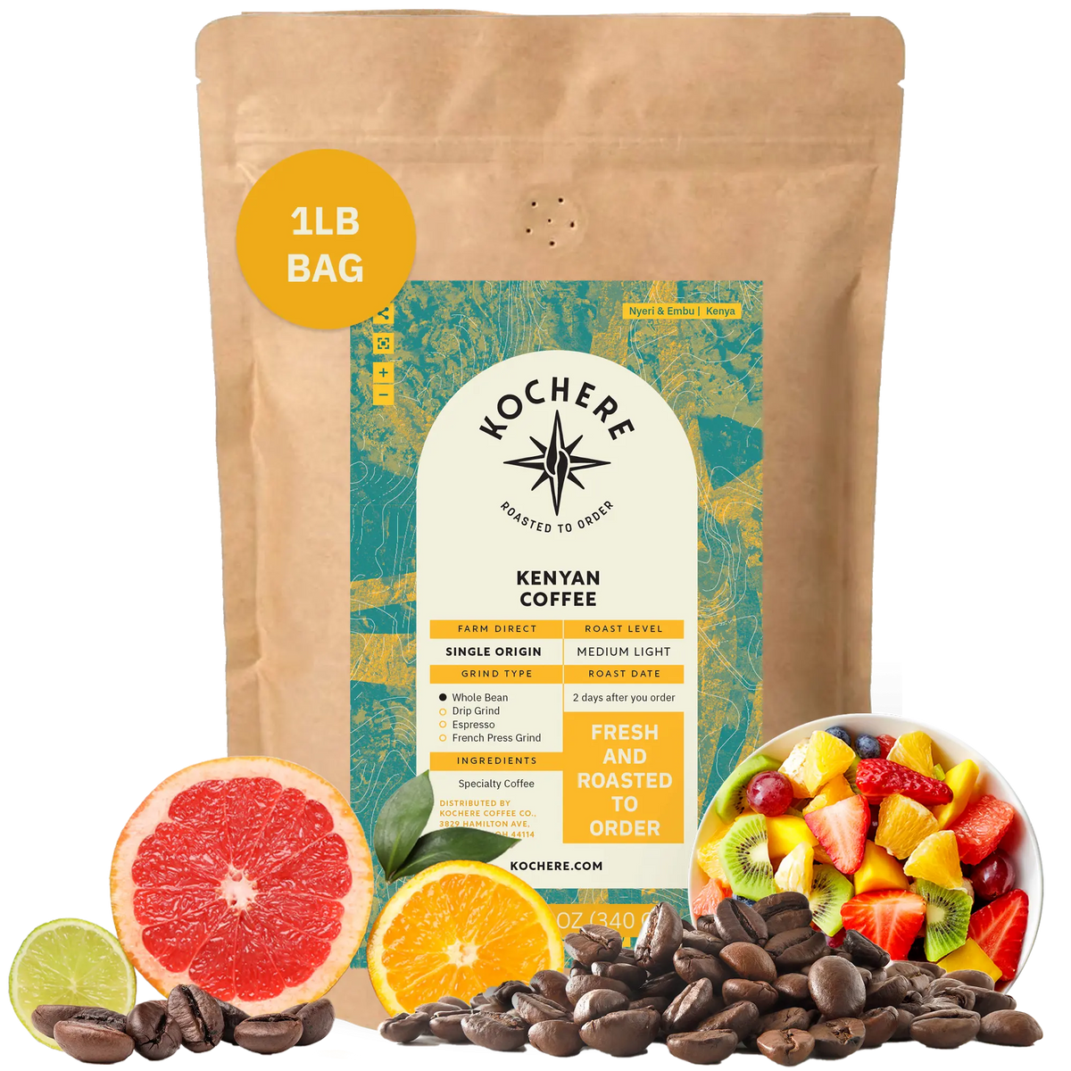 A 1 lb bag of Kochere Coffee Company’s Kenyan Nyeri Embu AB Medium-Light Roast is displayed with coffee beans, fruit salad, grapefruit, orange, and lime slices. The label notes its fruity, balanced, bright cup profile and fresh-to-order roasting.