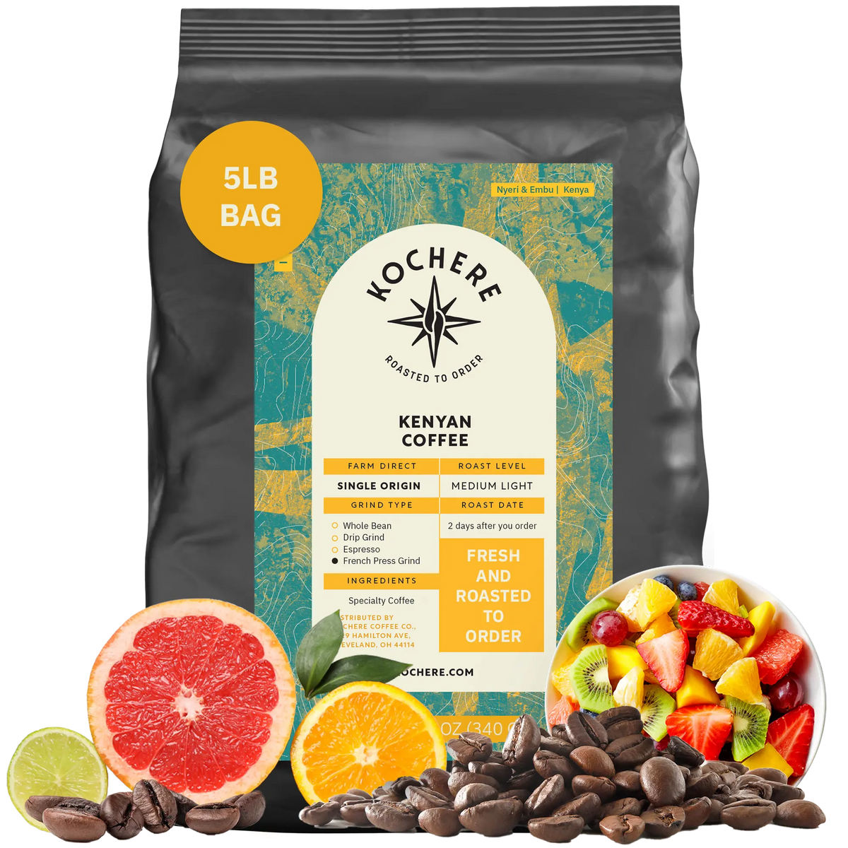 A 5-pound bag of Kochere Coffee Company’s Kenyan Nyeri Embu AB Medium-Light Roast, surrounded by coffee beans and assorted fruit, highlights its fruity, balanced flavor with bright citrus notes.