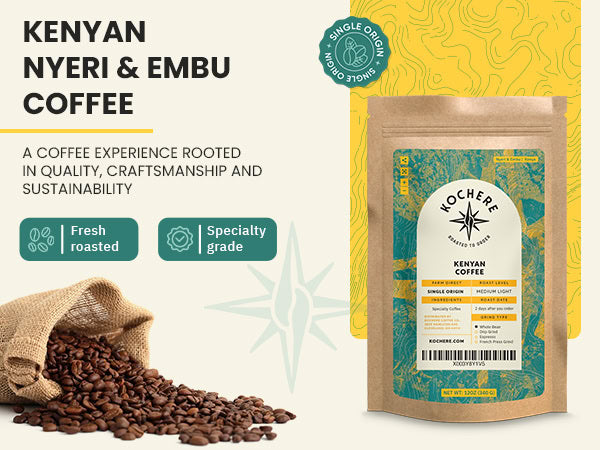 Coffee bag labeled "Kenyan Nyeri & Embu Coffee" stands upright beside a burlap sack spilling roasted coffee beans; text highlights quality, craftsmanship, and sustainability.