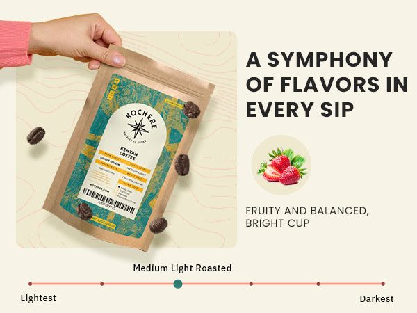 A hand holds a bag of Nockeree Roasters coffee with coffee beans nearby; text describes the coffee as fruity, balanced, and medium light roasted.