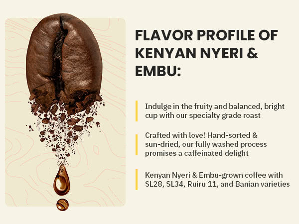 A coffee bean with a droplet below is featured next to text describing the flavor profile of Kenyan Nyeri & Embu coffees, highlighting fruity notes and specific coffee varieties.