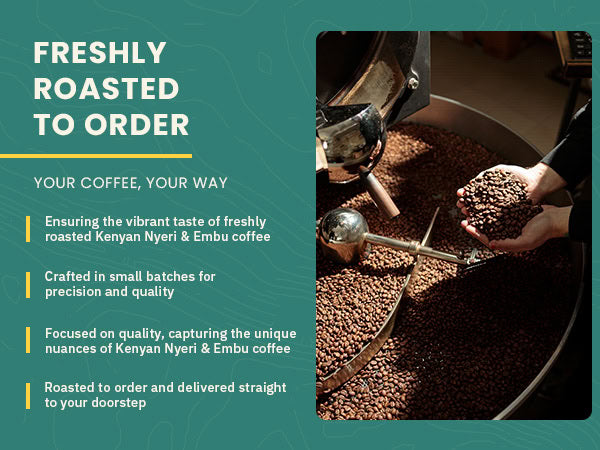A person uses a metal scoop to stir coffee beans roasting in a large machine; text describes freshly roasted Kenyan coffee made to order and shipped directly to customers.