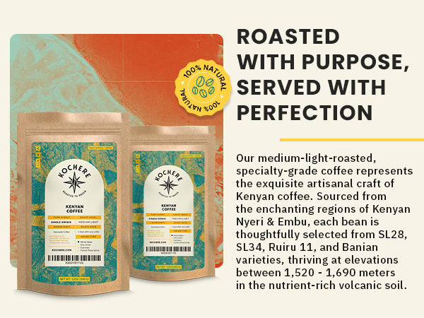 Two bags of specialty Kenyan coffee are displayed next to product details and text describing the coffee’s origin, roast level, and elevation, with a "100% natural" badge at the top.