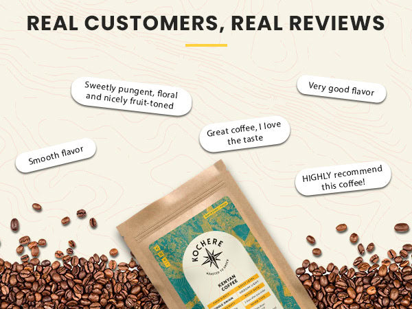 A bag of Yochera Reserve coffee surrounded by scattered coffee beans and review quotes praising its flavor, including “Sweetly pungent, floral,” “Smooth flavor,” and “I love the taste.”.