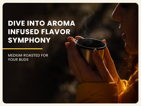 A person in a yellow jacket holds a steaming cup near their face, with text promoting medium light roasted coffee.
