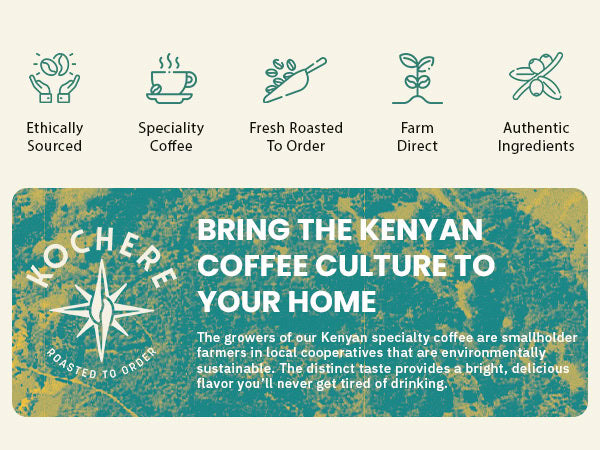 Promotional graphic highlights ethically sourced, specialty Kenyan coffee that is fresh roasted to order, farm direct, and made with authentic ingredients.