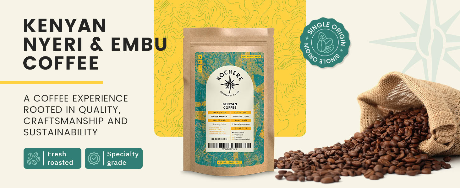 Coffee bag labeled "Kenyan Nyeri & Embu Coffee" stands upright beside a burlap sack spilling roasted coffee beans; text highlights quality, craftsmanship, and sustainability.