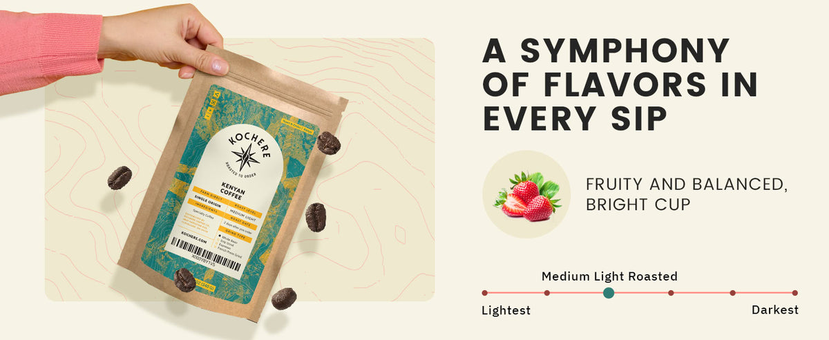 A hand holds a bag of Nockeree Roasters coffee with coffee beans nearby; text describes the coffee as fruity, balanced, and medium light roasted.