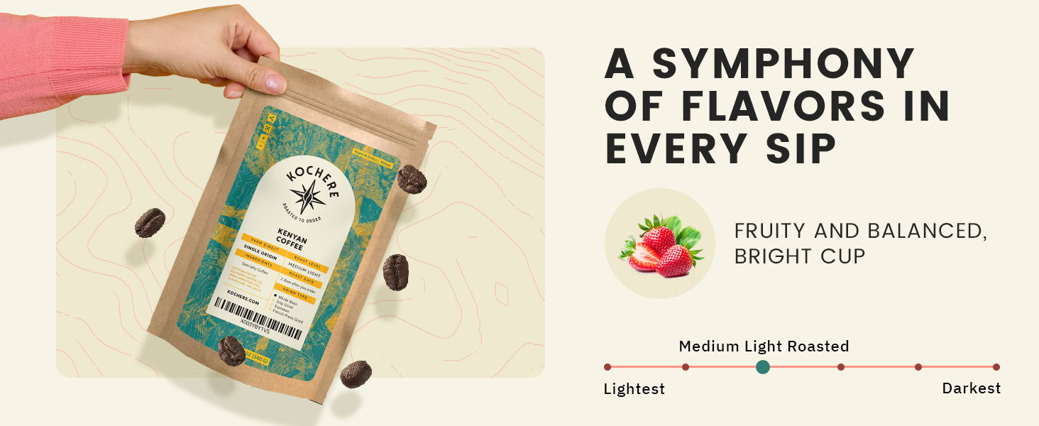 A hand holds a bag of Nockeree Roasters coffee with coffee beans nearby; text describes the coffee as fruity, balanced, and medium light roasted.