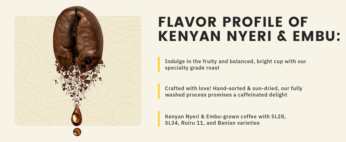A coffee bean with a droplet below is featured next to text describing the flavor profile of Kenyan Nyeri & Embu coffees, highlighting fruity notes and specific coffee varieties.