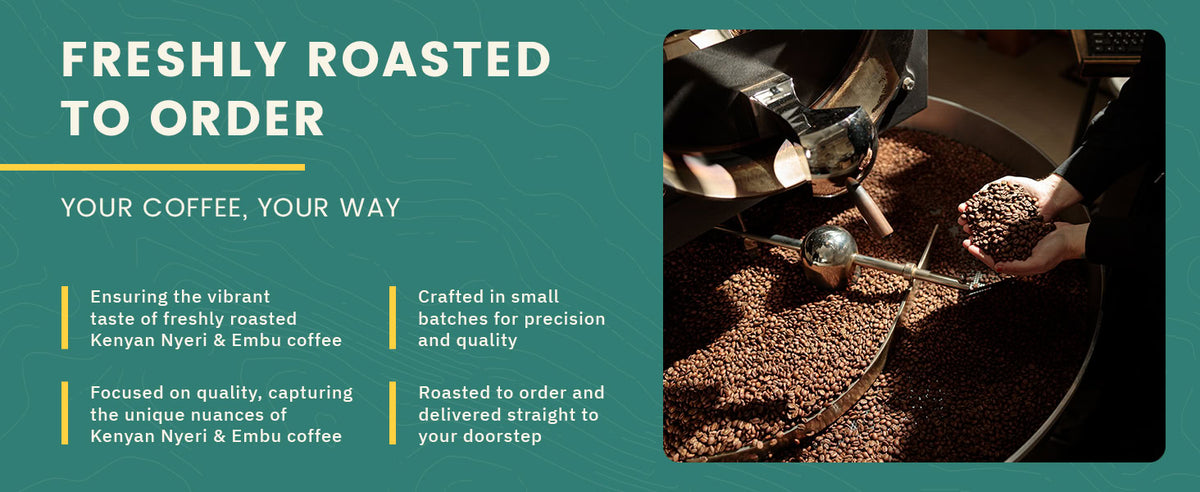 A person uses a metal scoop to stir coffee beans roasting in a large machine; text describes freshly roasted Kenyan coffee made to order and shipped directly to customers.