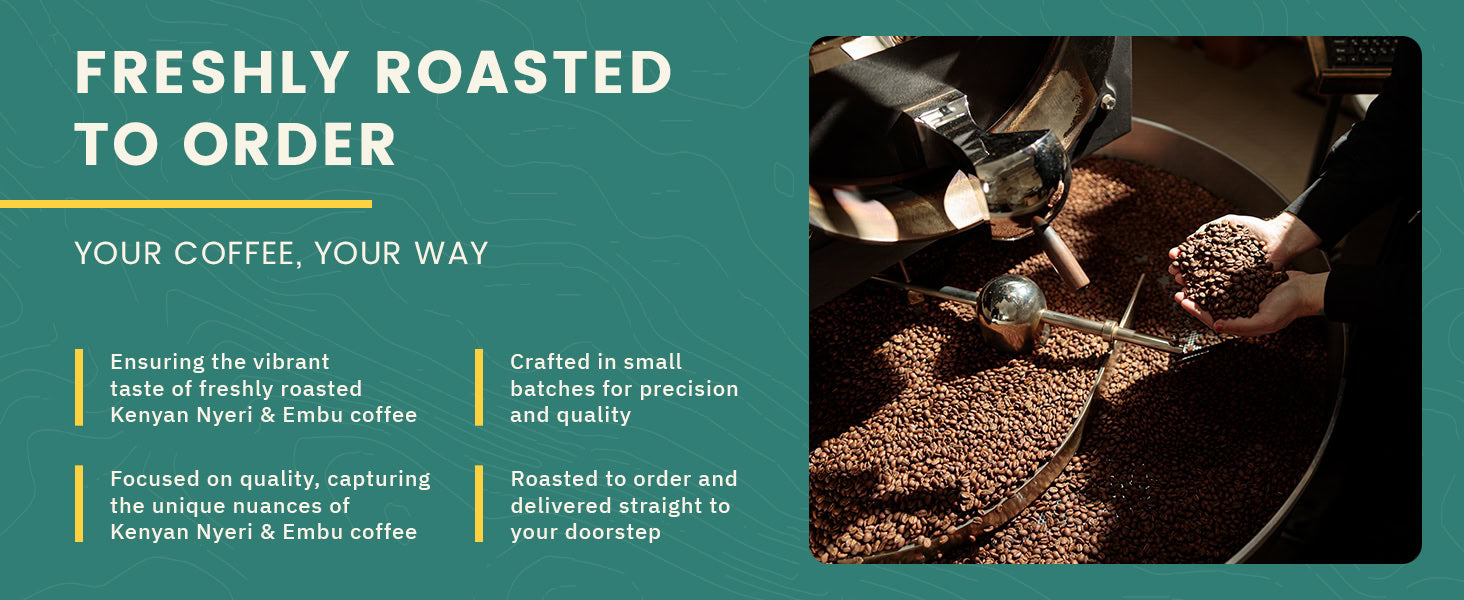A person uses a metal scoop to stir coffee beans roasting in a large machine; text describes freshly roasted Kenyan coffee made to order and shipped directly to customers.