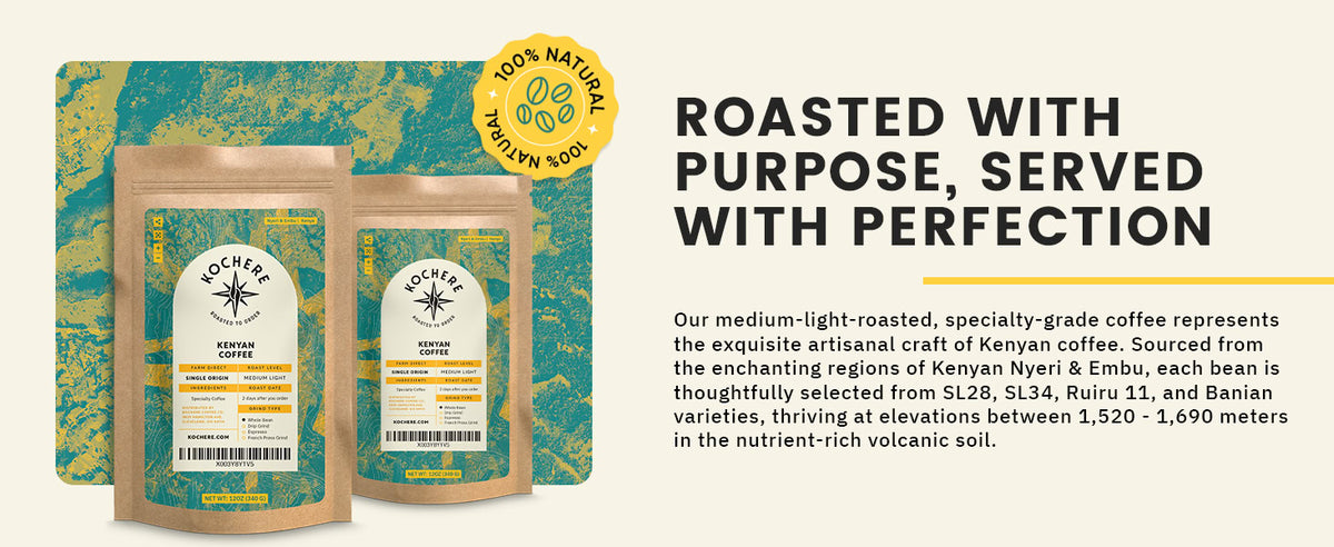 Two bags of specialty Kenyan coffee are displayed next to product details and text describing the coffee’s origin, roast level, and elevation, with a "100% natural" badge at the top.