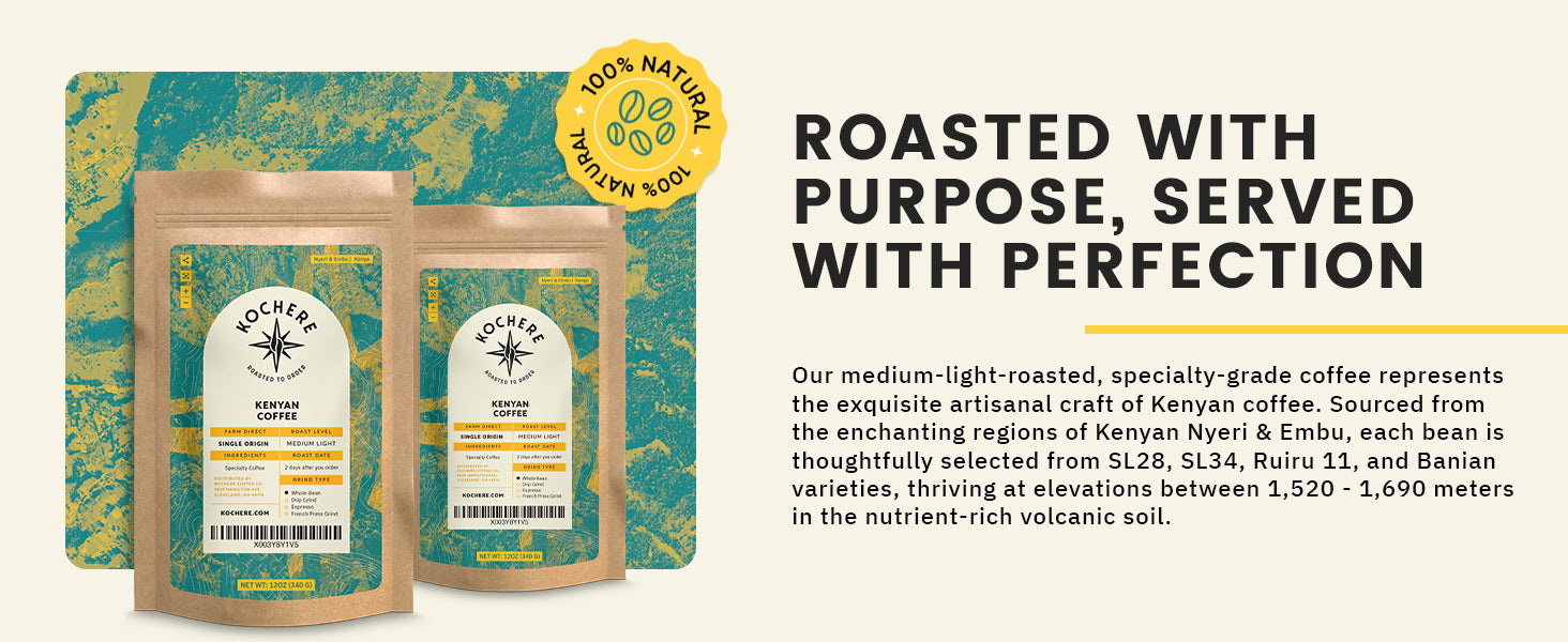 Two bags of specialty Kenyan coffee are displayed next to product details and text describing the coffee’s origin, roast level, and elevation, with a "100% natural" badge at the top.