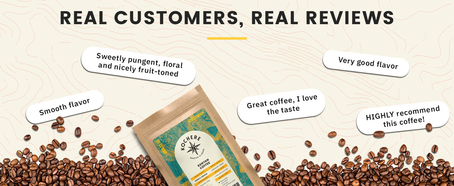A bag of Yochera Reserve coffee surrounded by scattered coffee beans and review quotes praising its flavor, including “Sweetly pungent, floral,” “Smooth flavor,” and “I love the taste.”.