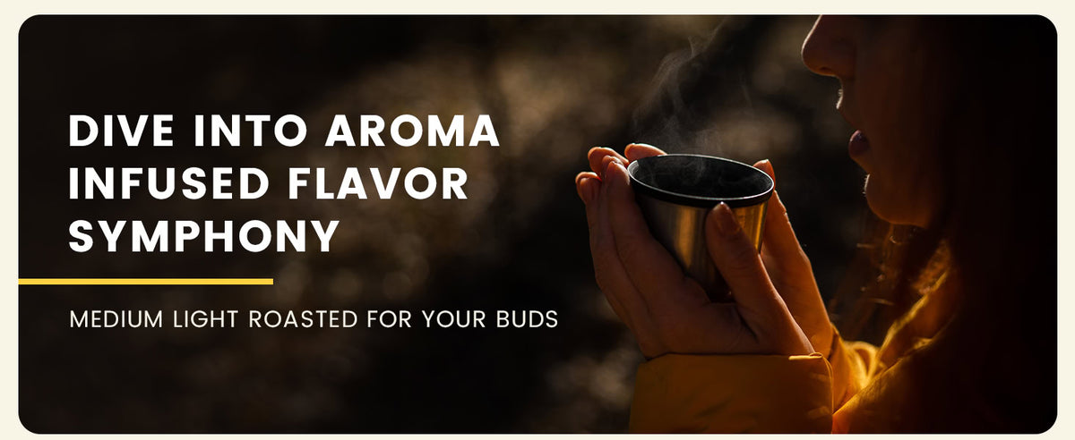 A person in a yellow jacket holds a steaming cup near their face, with text promoting medium light roasted coffee.