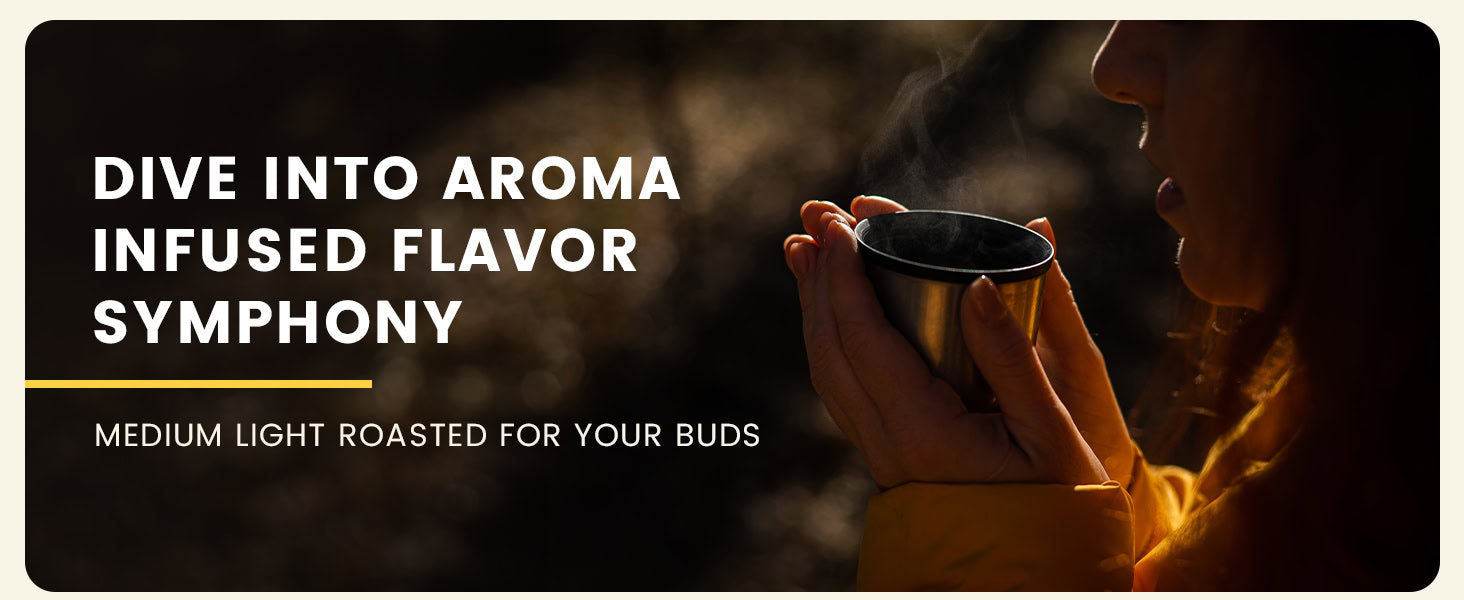 A person in a yellow jacket holds a steaming cup near their face, with text promoting medium light roasted coffee.