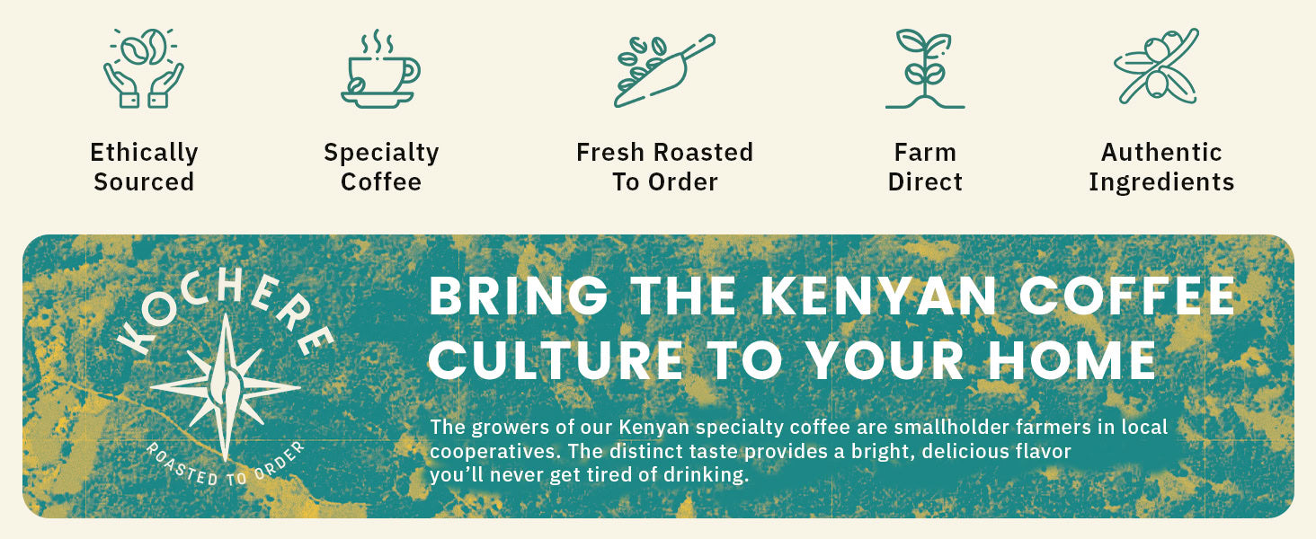 Promotional graphic highlights ethically sourced, specialty Kenyan coffee that is fresh roasted to order, farm direct, and made with authentic ingredients.