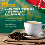 A cup of coffee on a saucer sits by coffee beans and a Kenyan flag, promoting Kochere Coffee Company’s Kenyan Nyeri Embu AB Medium-Light Roast: a fruity, balanced, bright cup that highlights premium flavors.