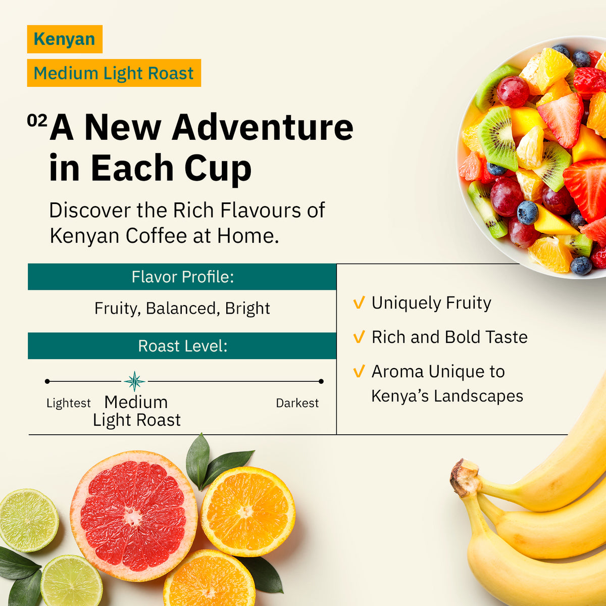 A promotional image for Kochere Coffee Company's Kenyan Nyeri Embu AB medium-light roast, featuring sliced grapefruit, orange, strawberries, blueberries, and bananas, highlights its fruity flavors and bright, balanced cup.