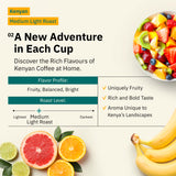 A promotional image for Kochere Coffee Company's Kenyan Nyeri Embu AB medium-light roast, featuring sliced grapefruit, orange, strawberries, blueberries, and bananas, highlights its fruity flavors and bright, balanced cup.