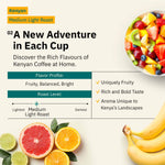 A promotional image for Kochere Coffee Company's Kenyan Nyeri Embu AB medium-light roast, featuring sliced grapefruit, orange, strawberries, blueberries, and bananas, highlights its fruity flavors and bright, balanced cup.[all]
