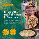 Collage with green and roasted Kochere Coffee Kenyan Nyeri Embu AB Medium-Light Roast beans, brewing process, and text: "Fruity, Balanced, Bright Cup from Nyeri Embu." Fair trade and farm direct icons. Brand: Kochere Coffee Company.[all]