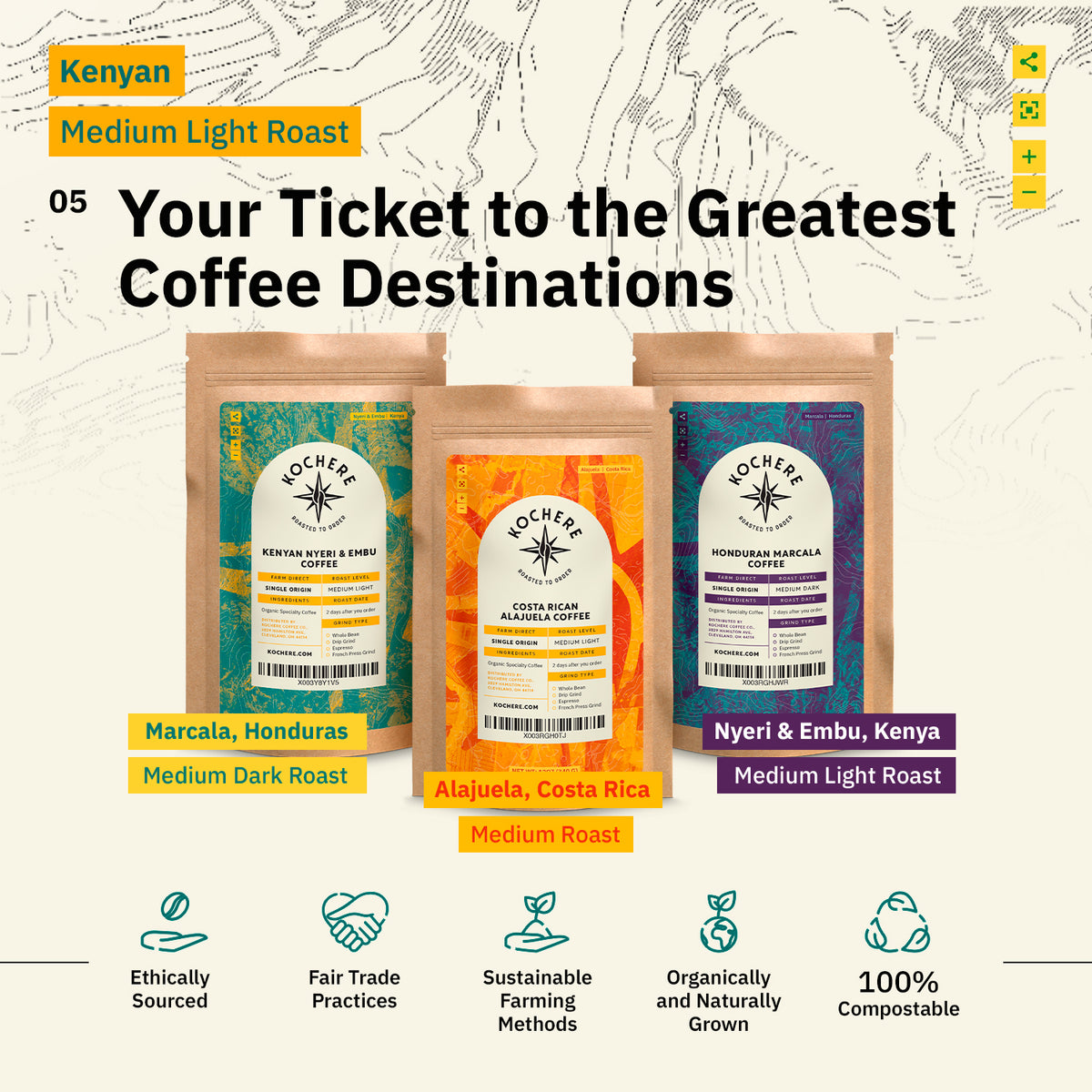 Three bags of Mochera coffee labeled as from Honduras, Costa Rica, and Kenya stand side by side, with roast levels and coffee benefits listed below.
