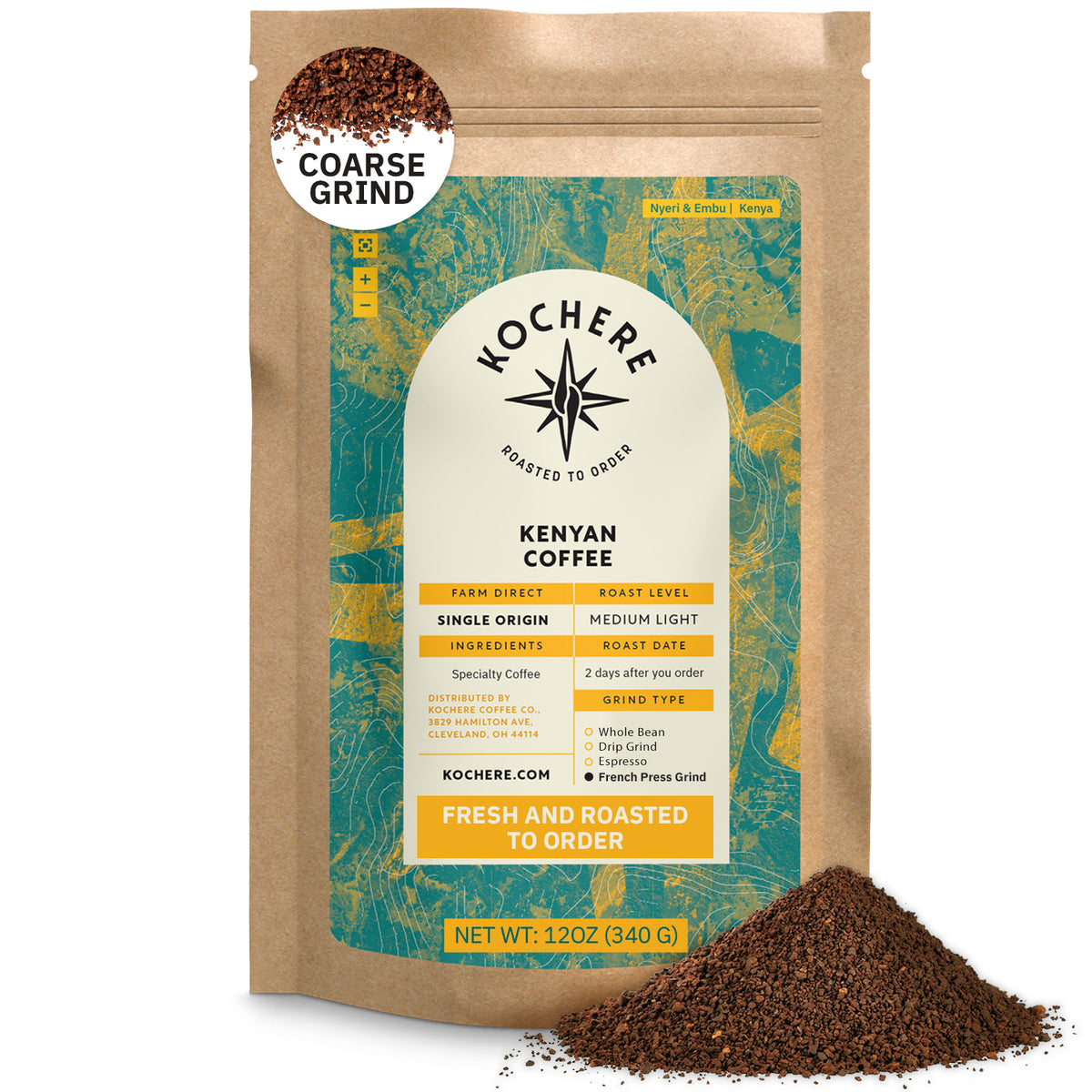 A 12oz bag of Kochere Coffee Company’s Kenyan Nyeri Embu AB, medium-light roast, coarse grind, fresh and roasted to order, with aromatic grounds displayed in front. Fruity, balanced, and bright cup.
