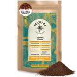A 12oz bag of Kochere Coffee Company’s Kenyan Nyeri Embu AB, medium-light roast, coarse grind, fresh and roasted to order, with aromatic grounds displayed in front. Fruity, balanced, and bright cup.