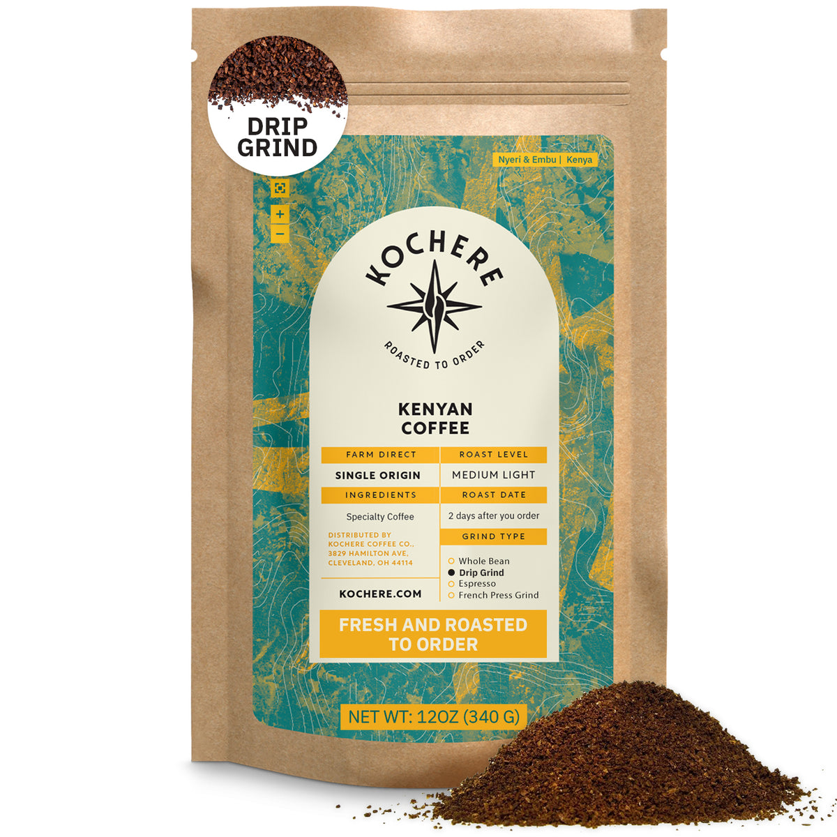 A 12oz bag of Kochere Coffee Kenyan Nyeri Embu AB by Kochere Coffee Company, a medium-light roast with a fruity, balanced, bright cup for drip grind; some ground coffee is shown in front of the bag.