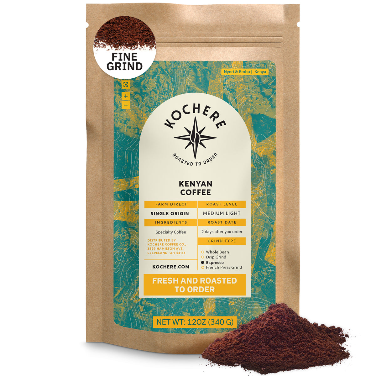 A 12oz bag of Kochere Coffee Kenyan Nyeri Embu AB, medium-light roast, fine grind, from Kochere Coffee Company. Single origin, farm direct beans roasted fresh to order for a fruity, balanced, and bright cup.