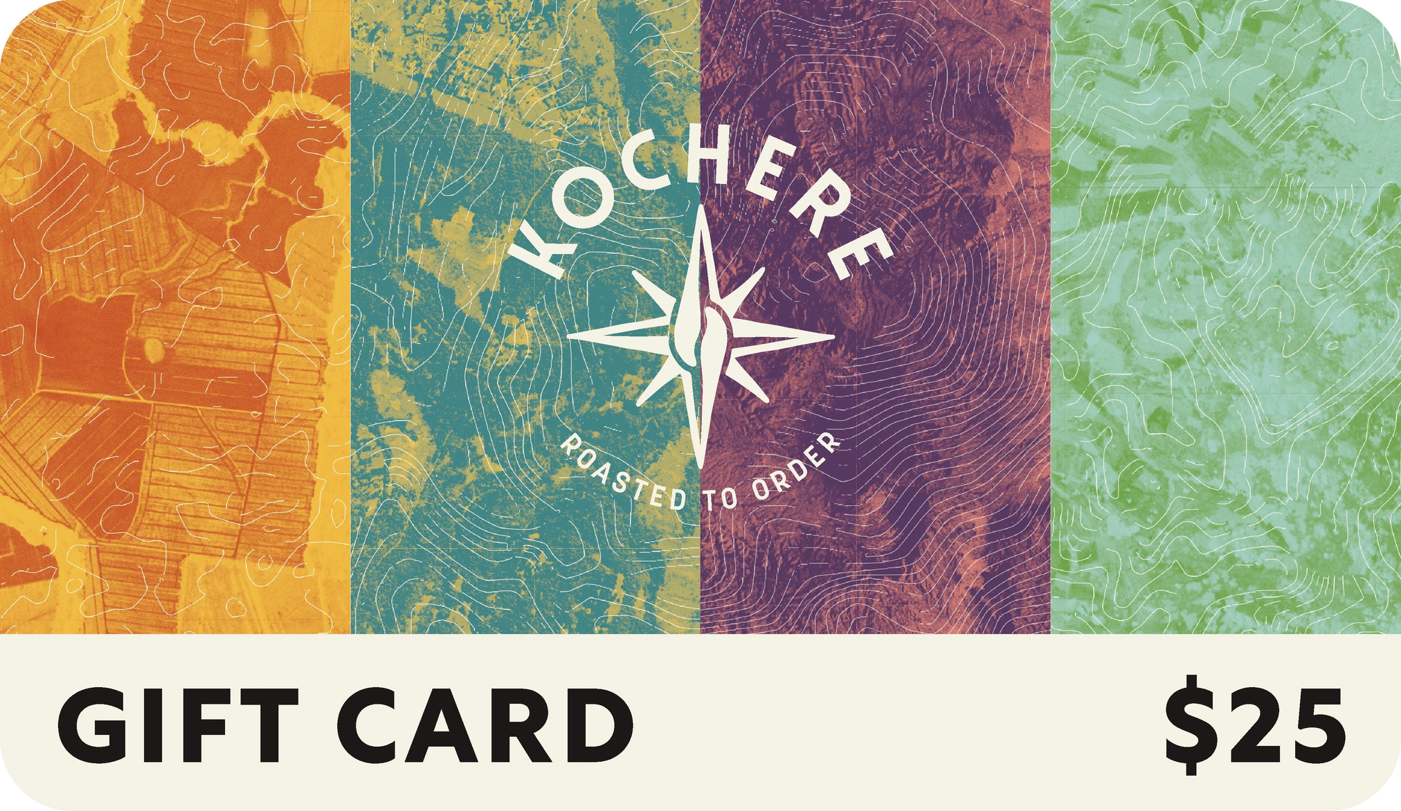 Kochere gift card with colorful design and $25 value