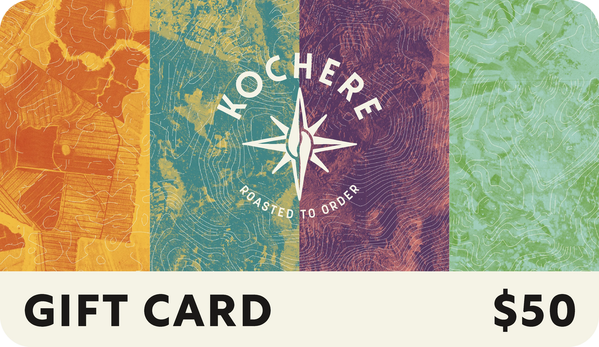 Kochere gift card with colorful design and $50 denomination