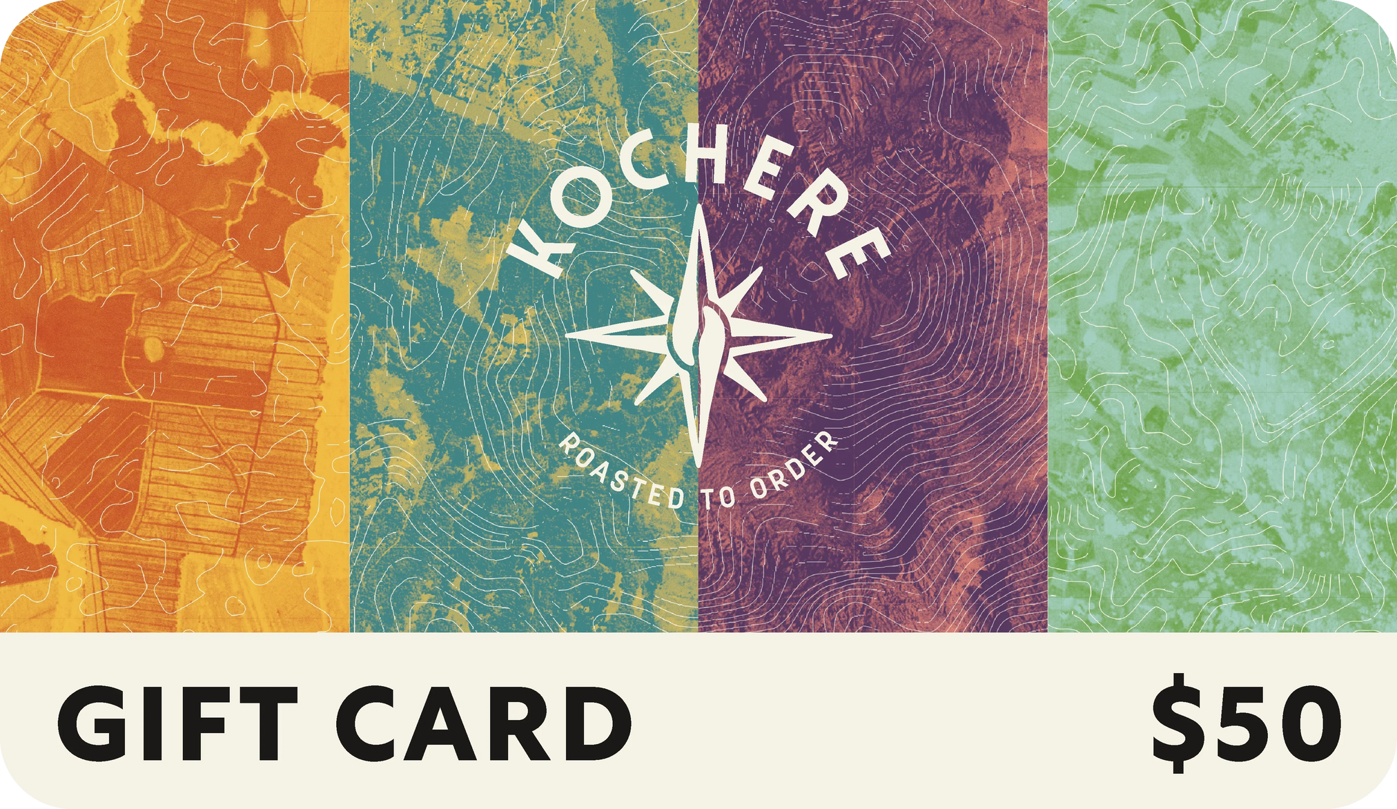 Kochere gift card with colorful design and $50 denomination
