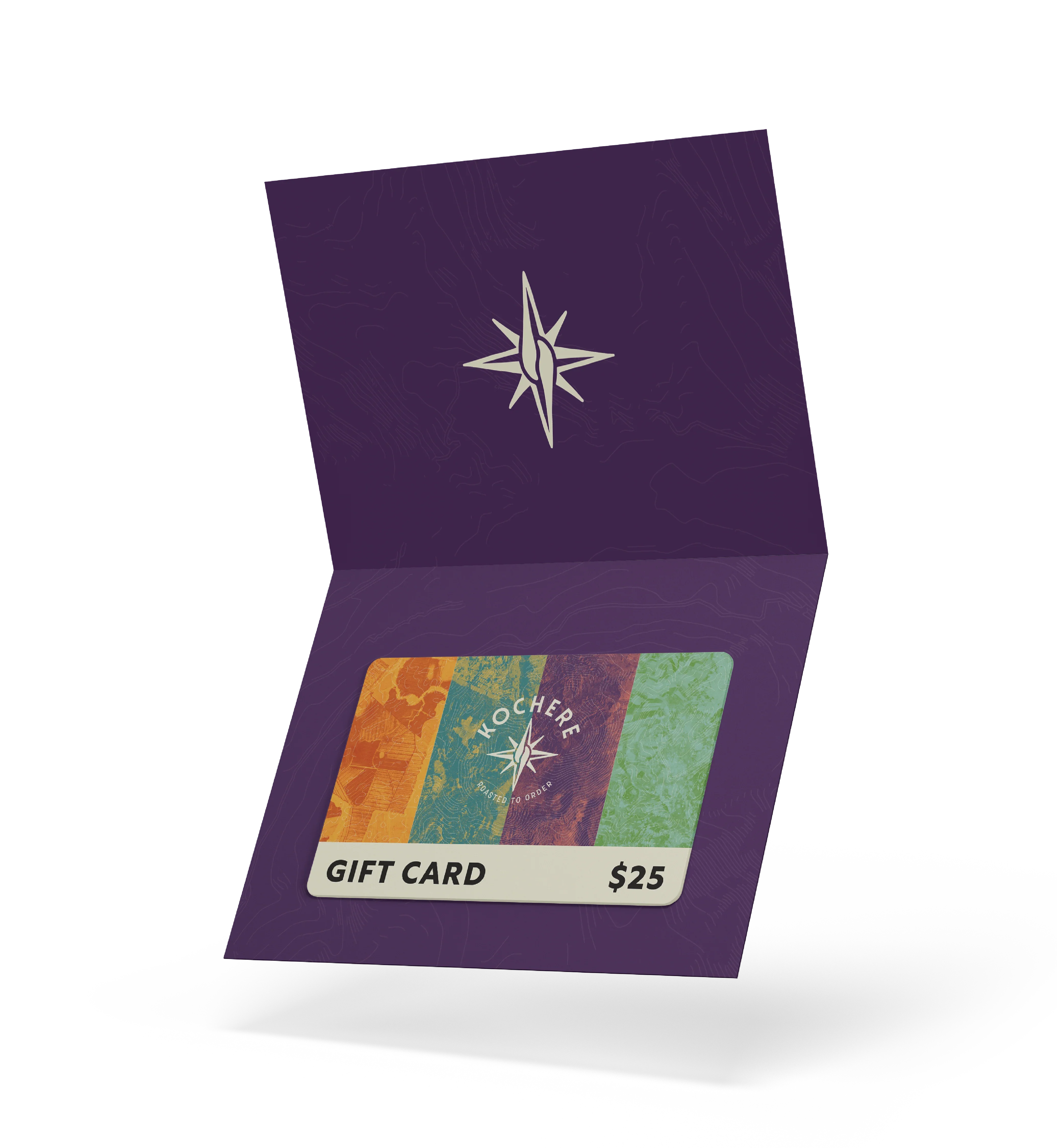 Purple gift card holder with a colorful gift card inside on a white background